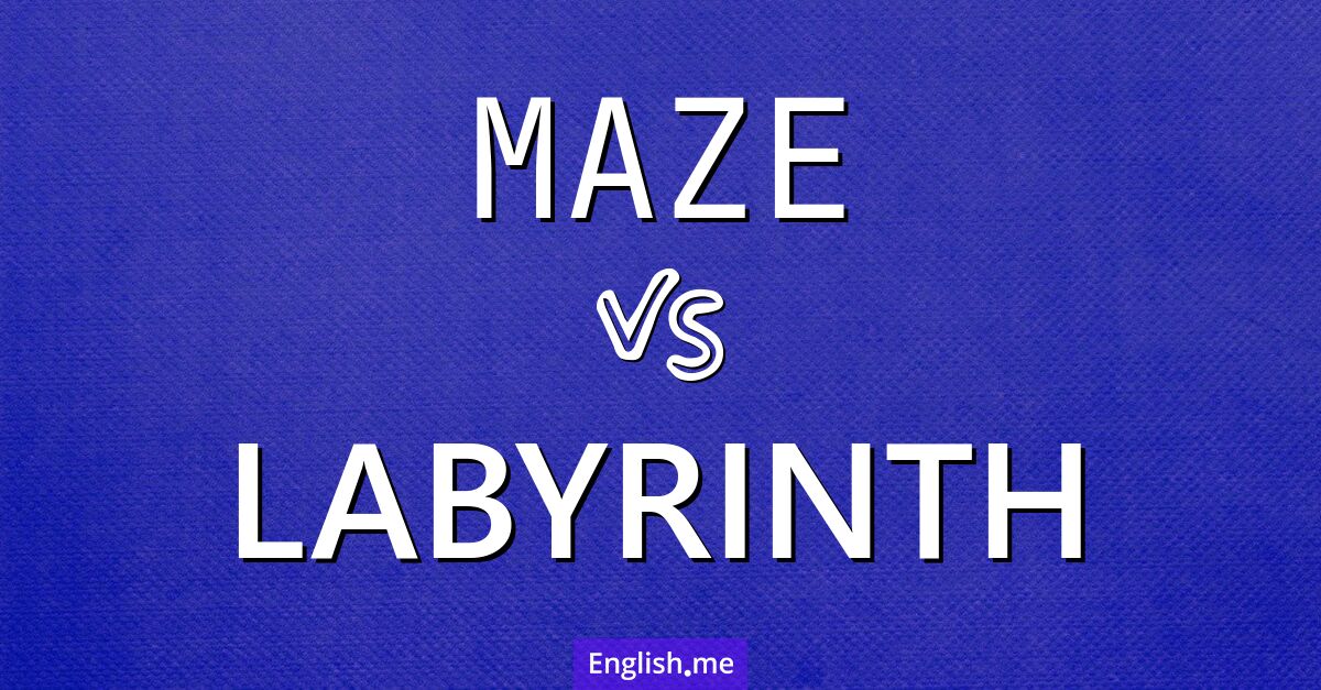 "Maze" (Labyrinth (im Kontext von Verwirrungsstrukturen, auch 'Irrgarten')) gegen "Labyrinth" (Labyrinth (mit oft symbolischem oder einzigartigem Weg zur Mitte, z. B. historisch oder meditativ))